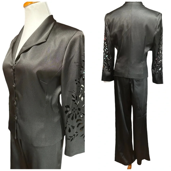 KM Collection By Milla Bell Pants - KM Collections By Milla Bell Black Satin Punch Hole Pantsuit Bell Bottoms Prom
